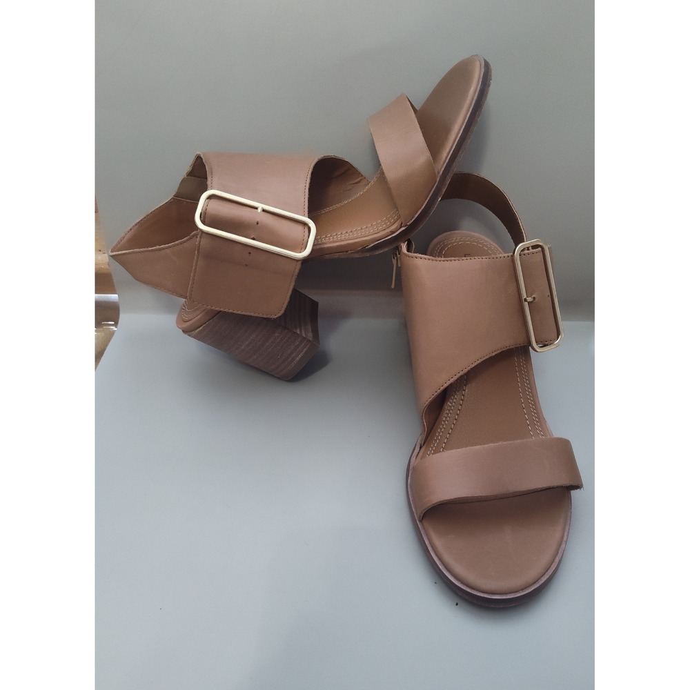 Lucky Brand Darnah Tan Leather Block Heel Asymmetrical Buckle Sandals 9M